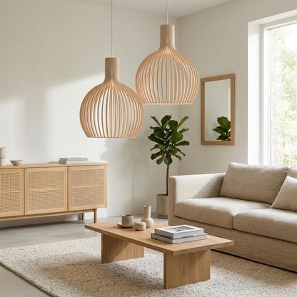 Wood Ribbed E27 Pendant Ceiling Light