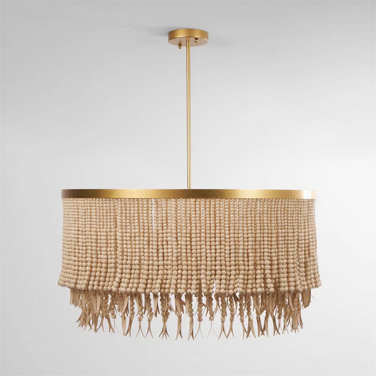 Wood Bead Boho Chandelier With Drum Shade Design