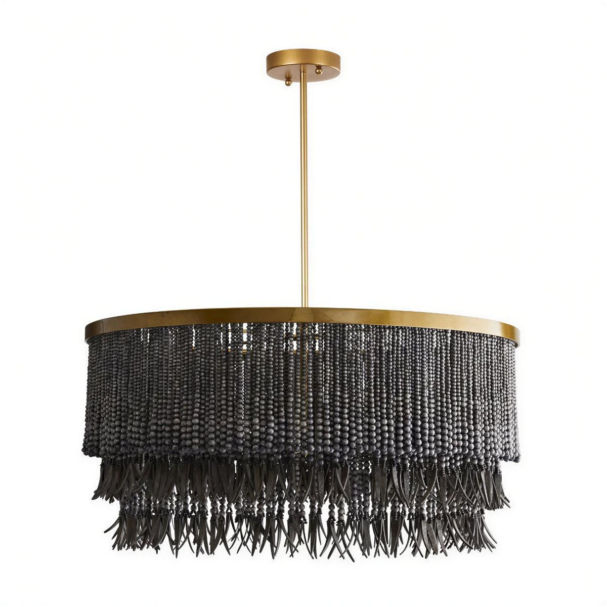 Wood Bead Boho Chandelier With Drum Shade Design