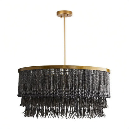 Wood Bead Boho Chandelier With Drum Shade Design