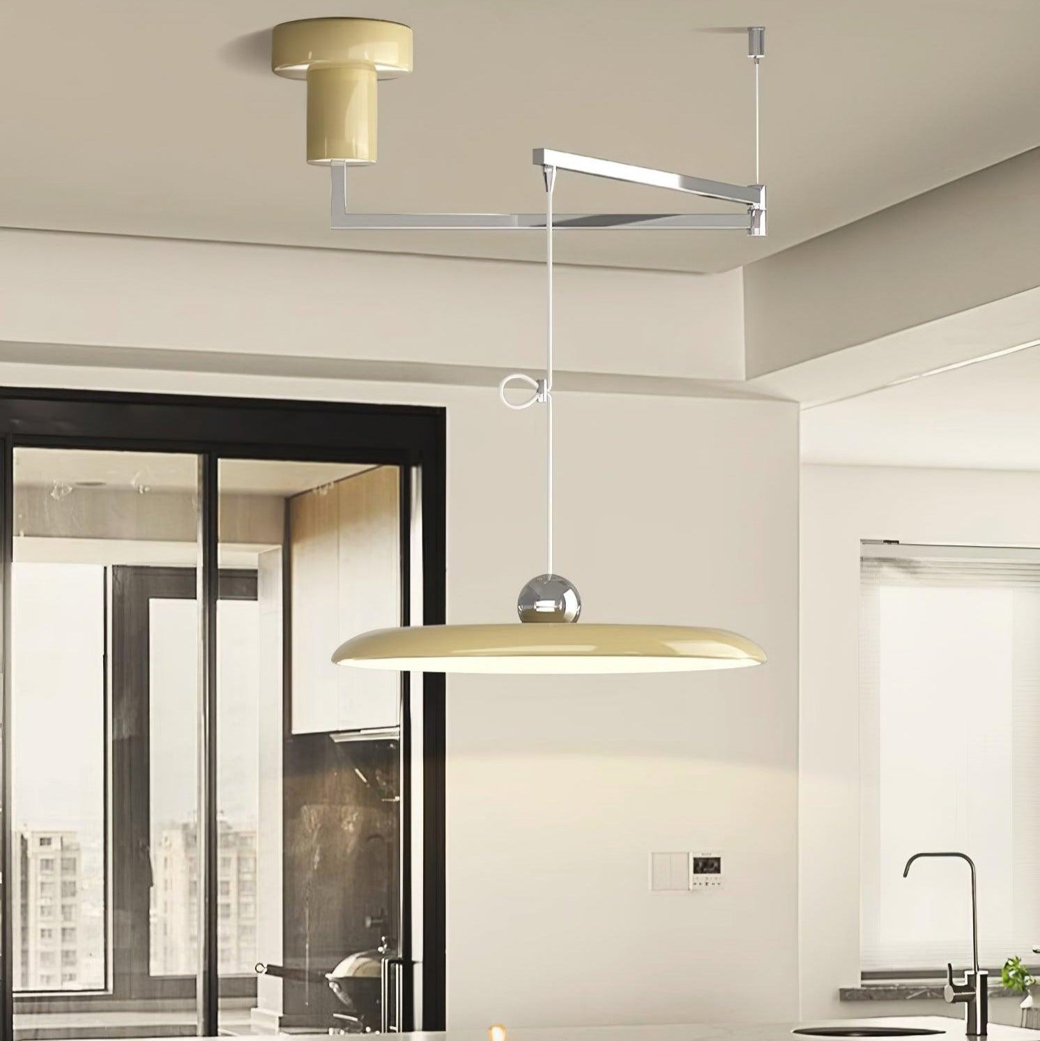 Adjustable Swing Arm Pendant Light Metal Disc Shade Integrated LED Dimmable