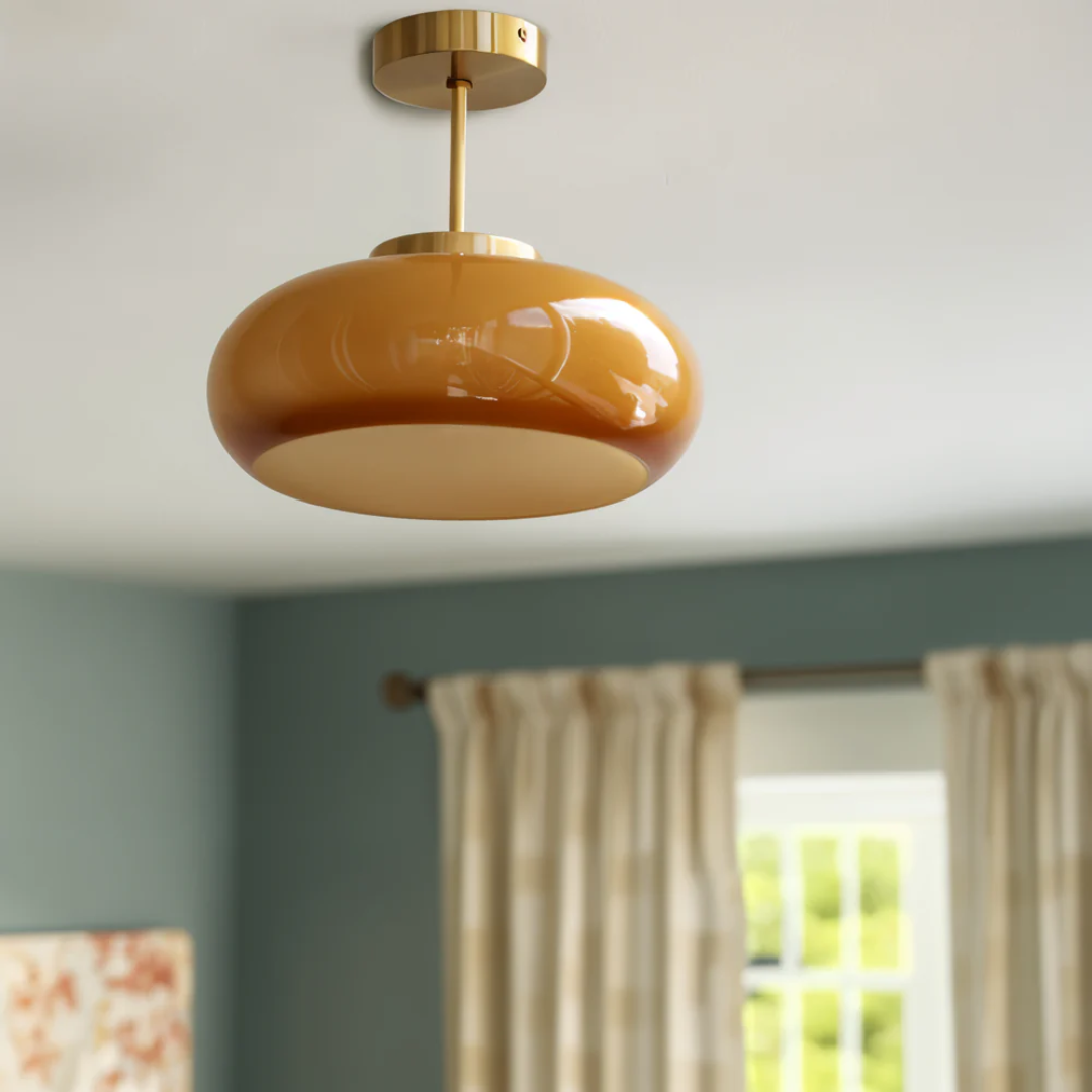 Amber Glass Vintage Oval Semi Flush Ceiling Light