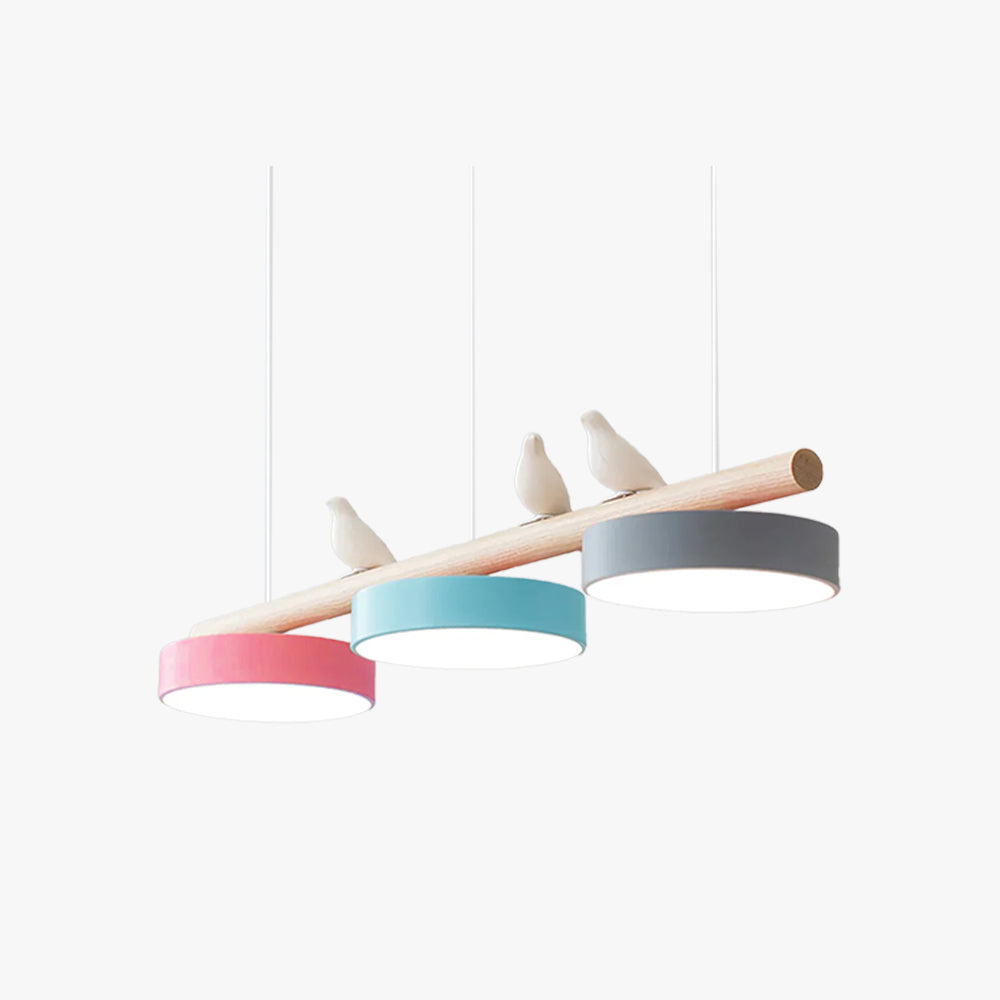 Bird Motif Wood and Metal Drum Pendant Light