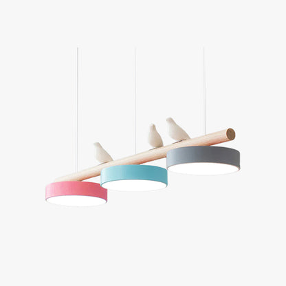 Bird Motif Wood and Metal Drum Pendant Light