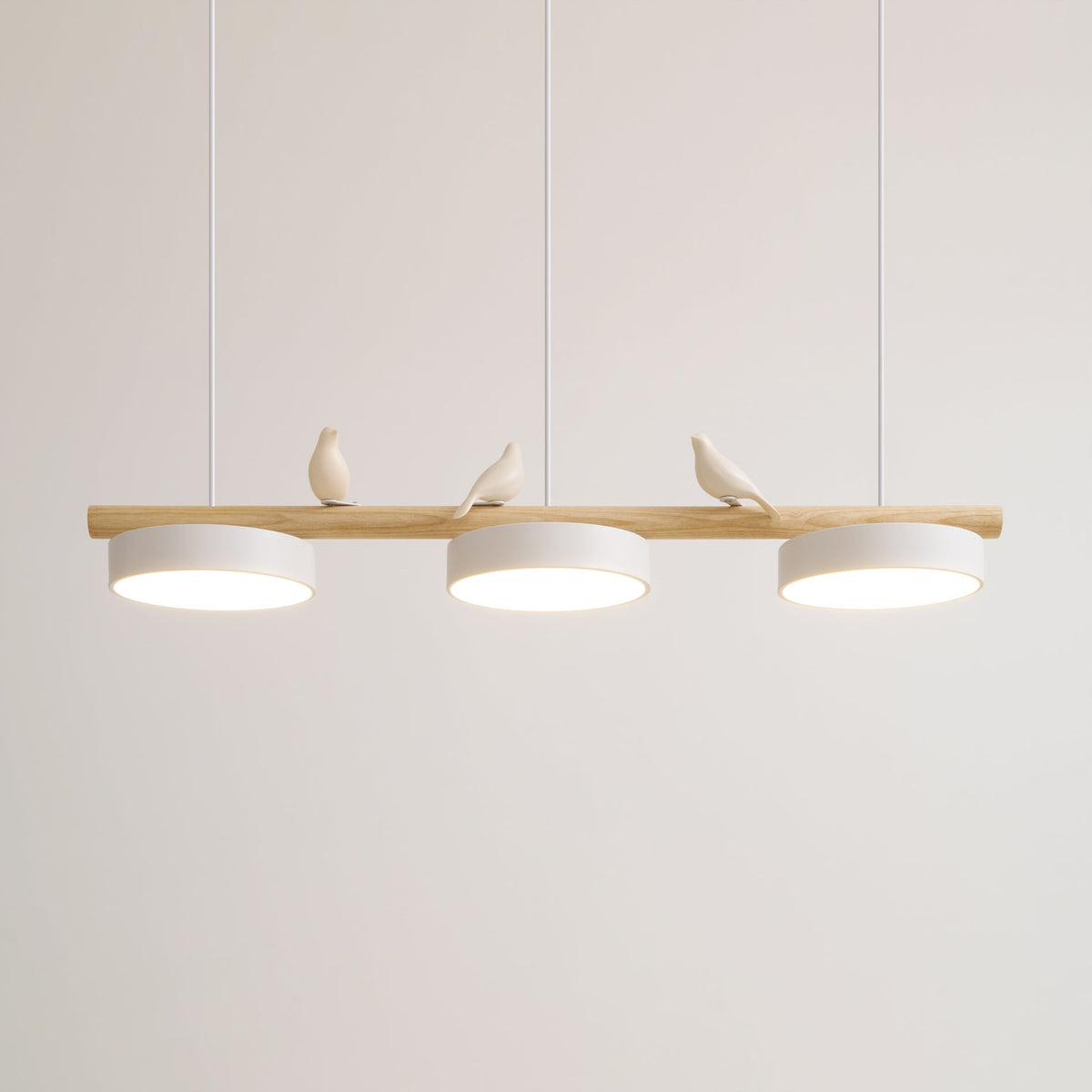 Bird Motif Wood and Metal Drum Pendant Light