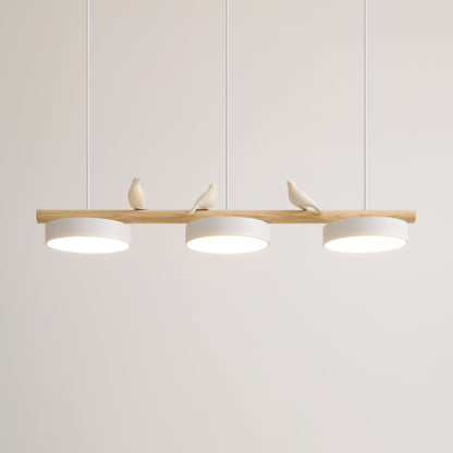 Bird Motif Wood and Metal Drum Pendant Light