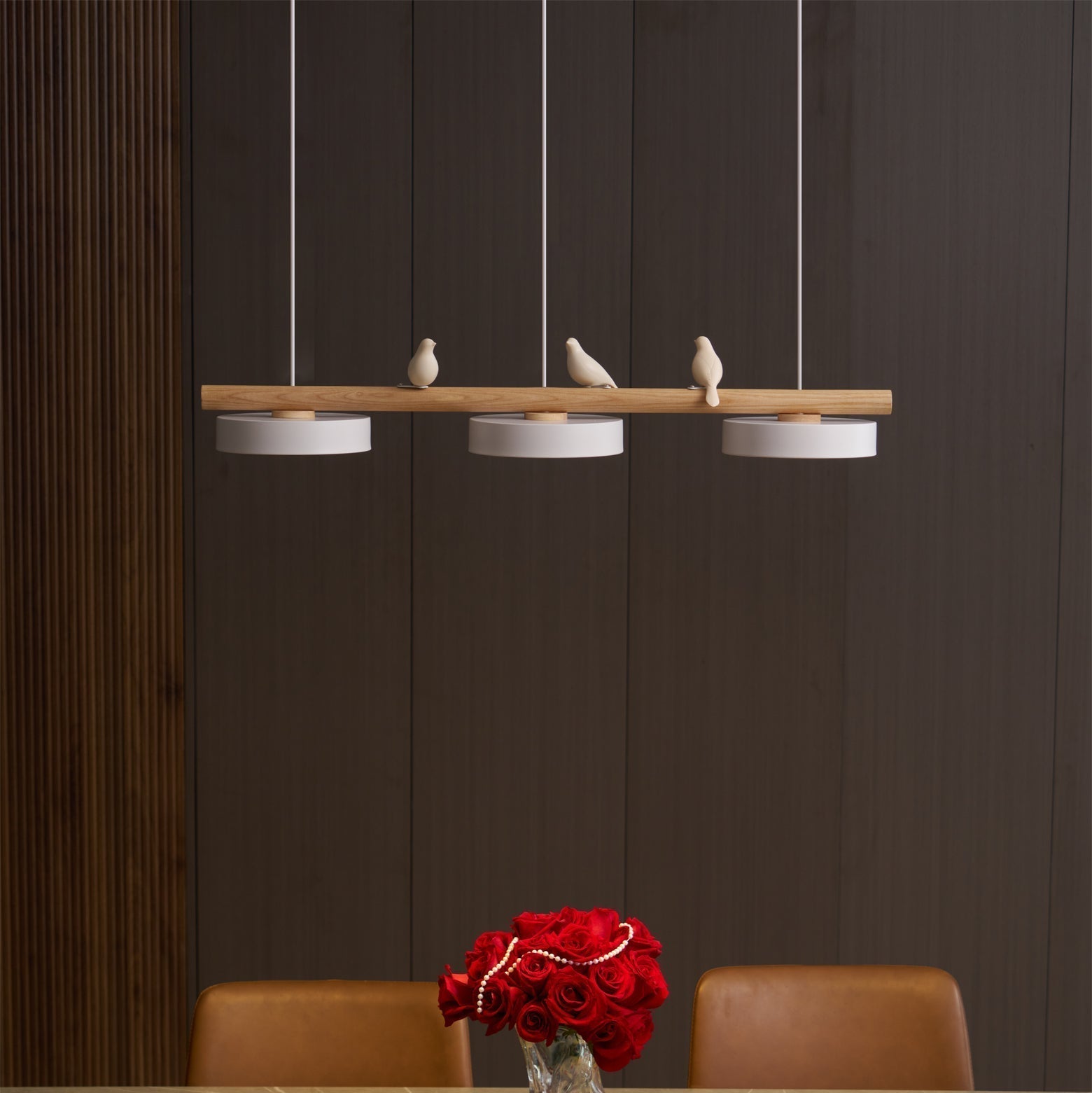 Bird Motif Wood and Metal Drum Pendant Light