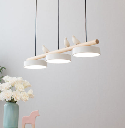 Bird Motif Wood and Metal Drum Pendant Light