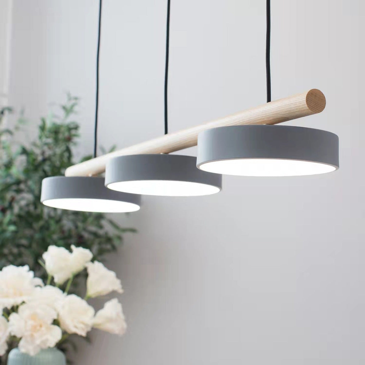 Bird Motif Wood and Metal Drum Pendant Light
