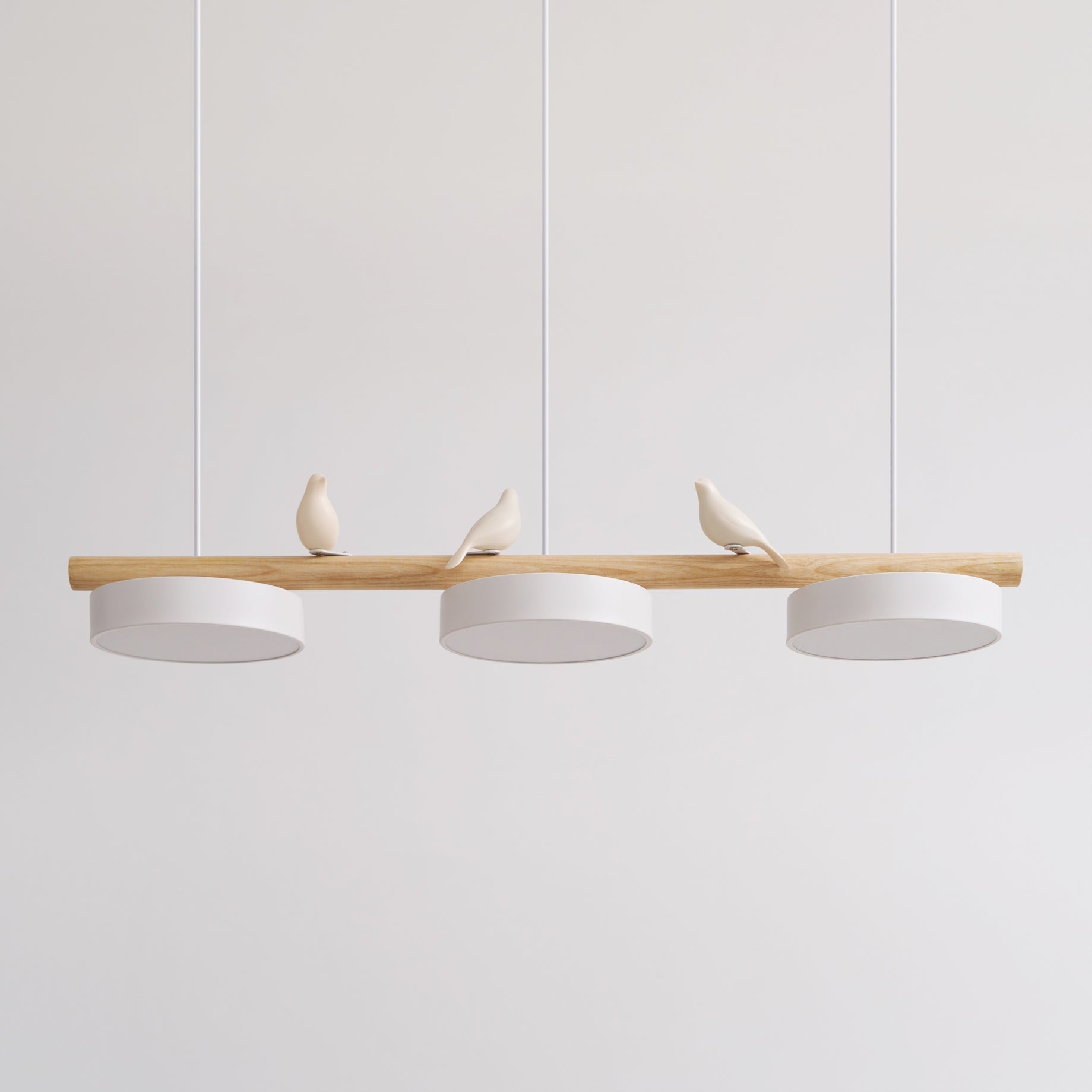 Bird Motif Wood and Metal Drum Pendant Light