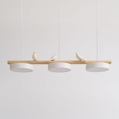 Bird Motif Wood and Metal Drum Pendant Light
