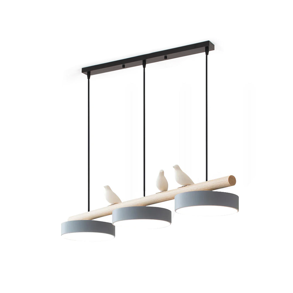 Bird Motif Wood and Metal Drum Pendant Light