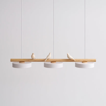 Bird Motif Wood and Metal Drum Pendant Light