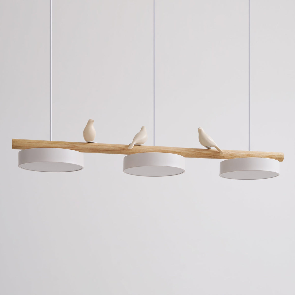 Bird Motif Wood and Metal Drum Pendant Light