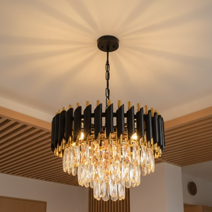 Black and Gold Three Tier Crystal Chandelier Ceiling Light