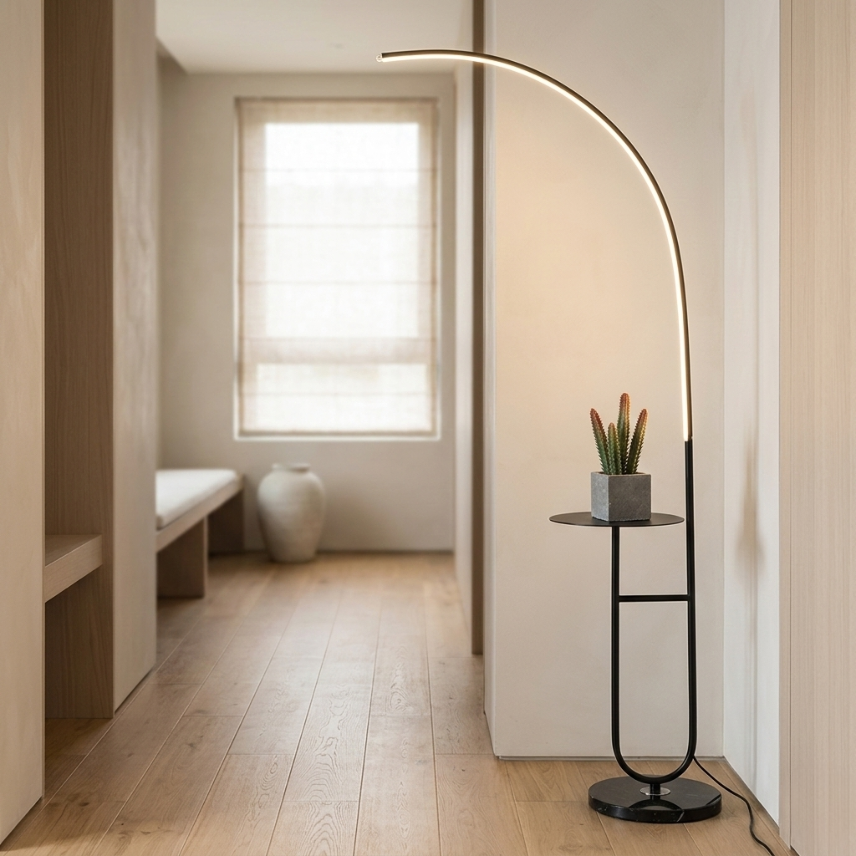 Black Arc Floor Lamp with Integrated Side Table and LED Light