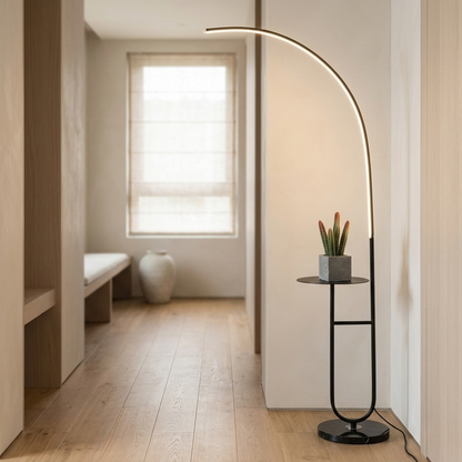 Black Arc Floor Lamp with Integrated Side Table and LED Light