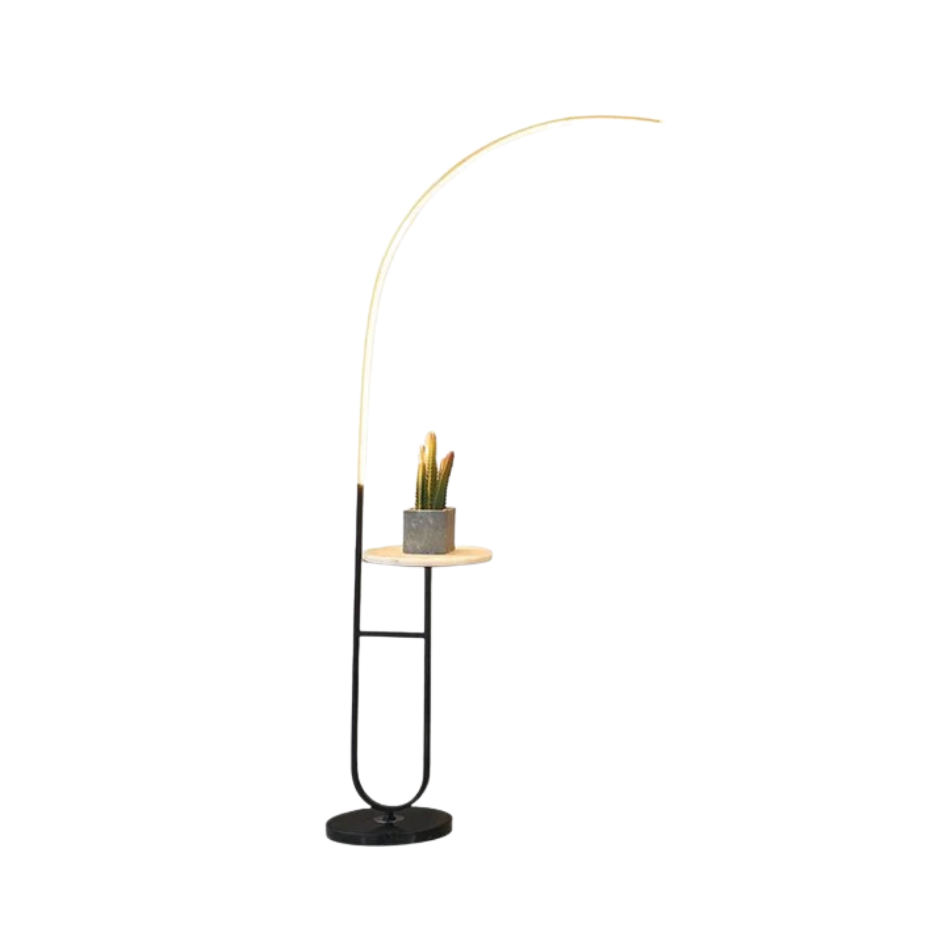 Black Arc Floor Lamp with Integrated Side Table and LED Light