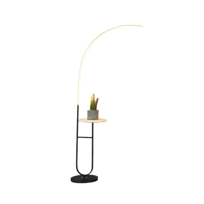 Black Arc Floor Lamp with Integrated Side Table and LED Light