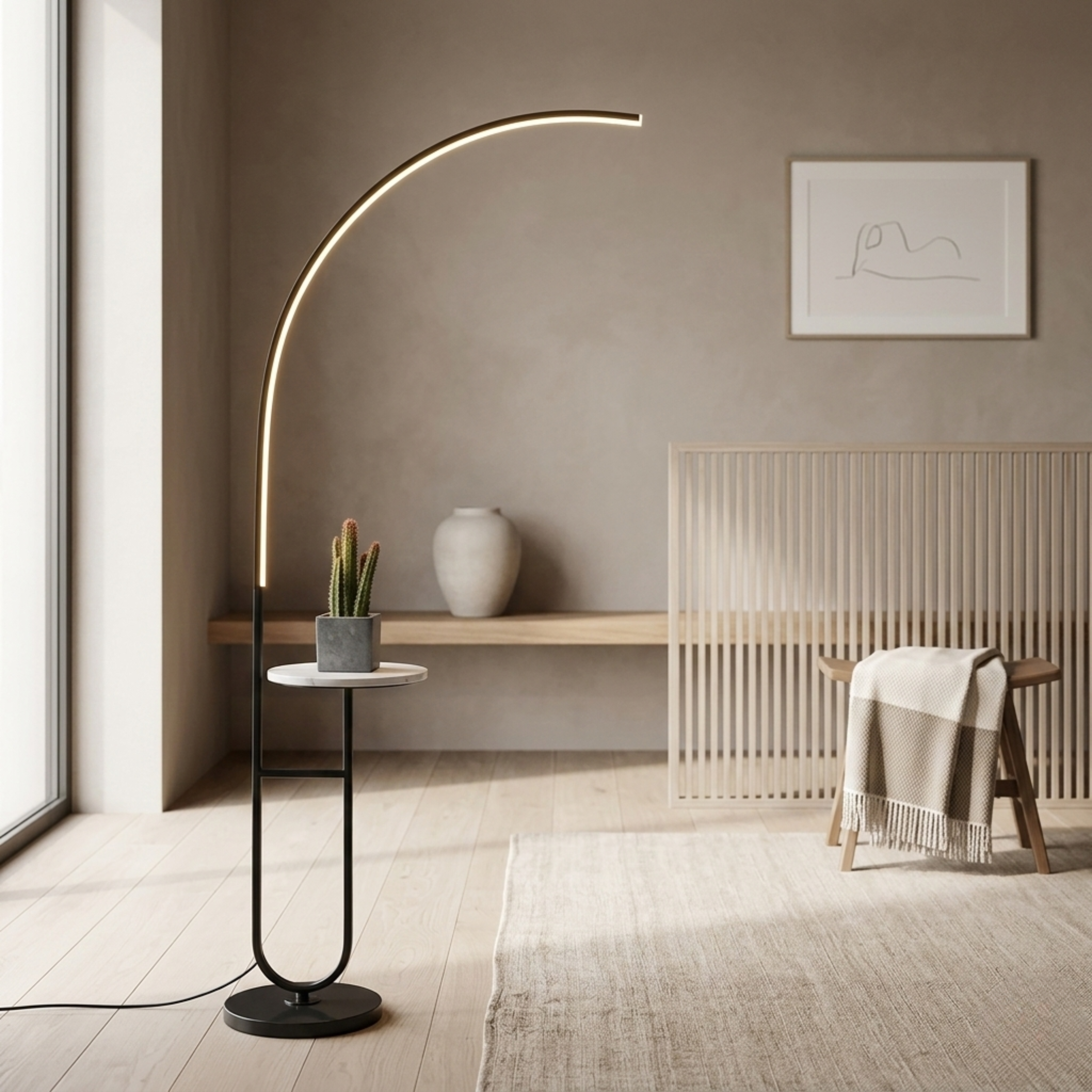 Black Arc Floor Lamp with Integrated Side Table and LED Light