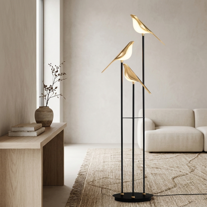 Black Metal Bird Floor Lamp with Three Gold Tone Illuminated Birds