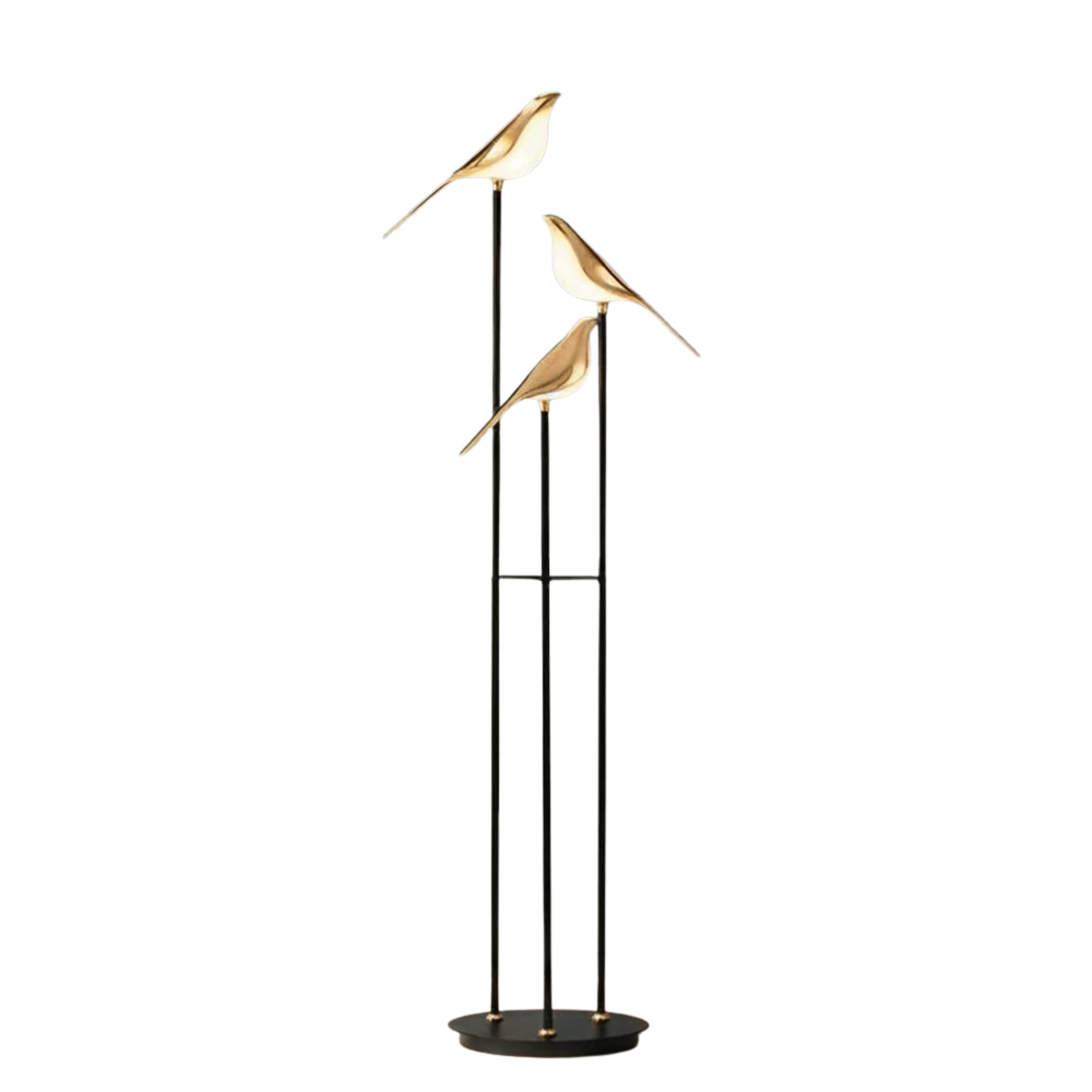 Black Metal Bird Floor Lamp with Three Gold Tone Illuminated Birds