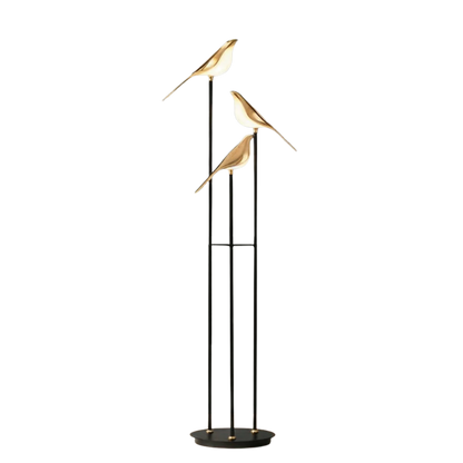 Black Metal Bird Floor Lamp with Three Gold Tone Illuminated Birds