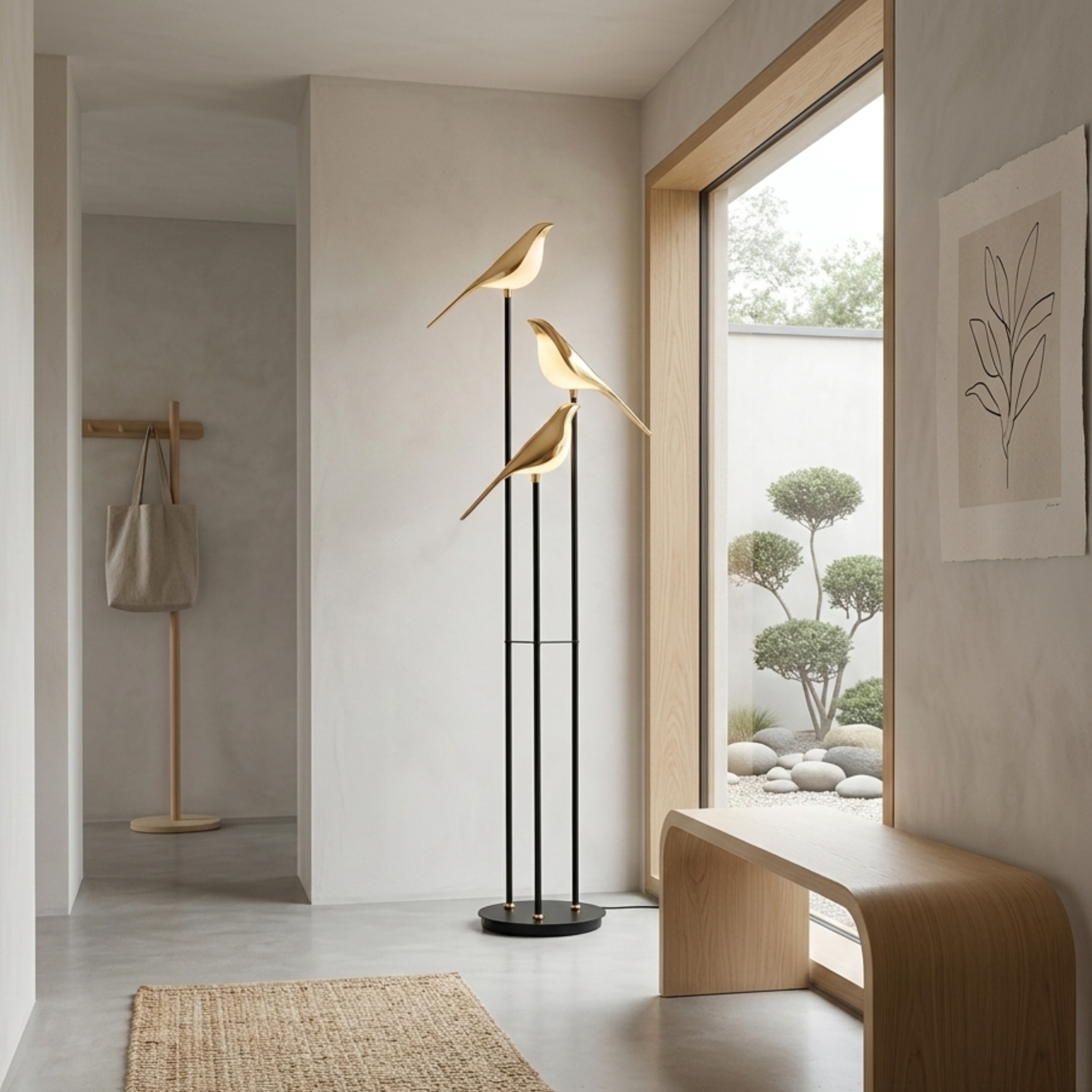 Black Metal Bird Floor Lamp with Three Gold Tone Illuminated Birds