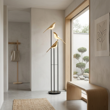 Black Metal Bird Floor Lamp with Three Gold Tone Illuminated Birds