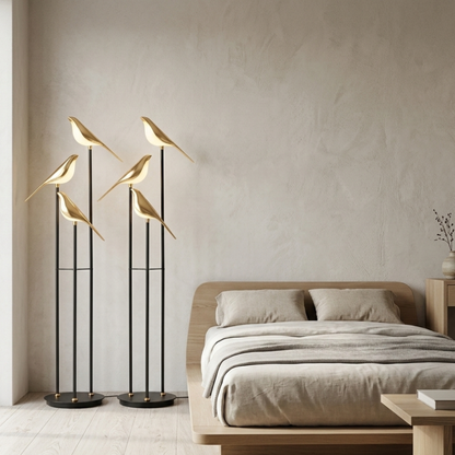 Black Metal Bird Floor Lamp with Three Gold Tone Illuminated Birds