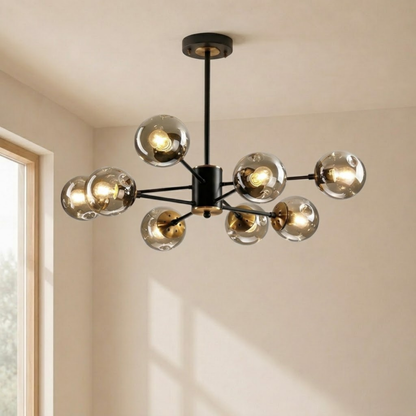 Black Mid Century Smoked Glass Globe Sputnik Chandelier