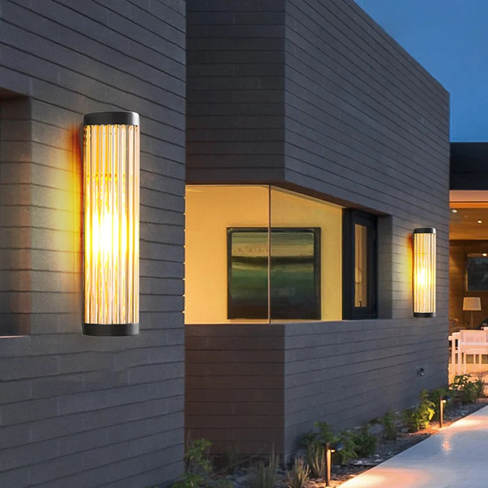 Black Ribbed Glass Semi Cylindrical Outdoor Wall Light Modern Garden Wall Lamp