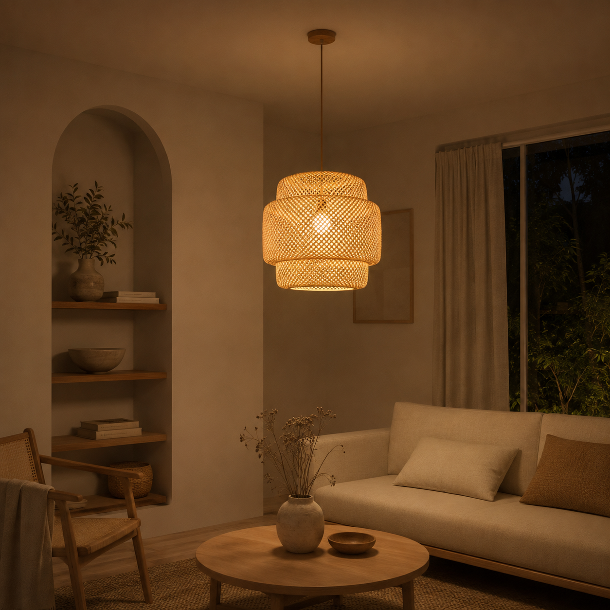 Boho Japandi Woven Bamboo Pendant Light With Beige Suspension Cable