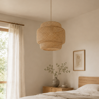 Boho Japandi Woven Bamboo Pendant Light With Beige Suspension Cable
