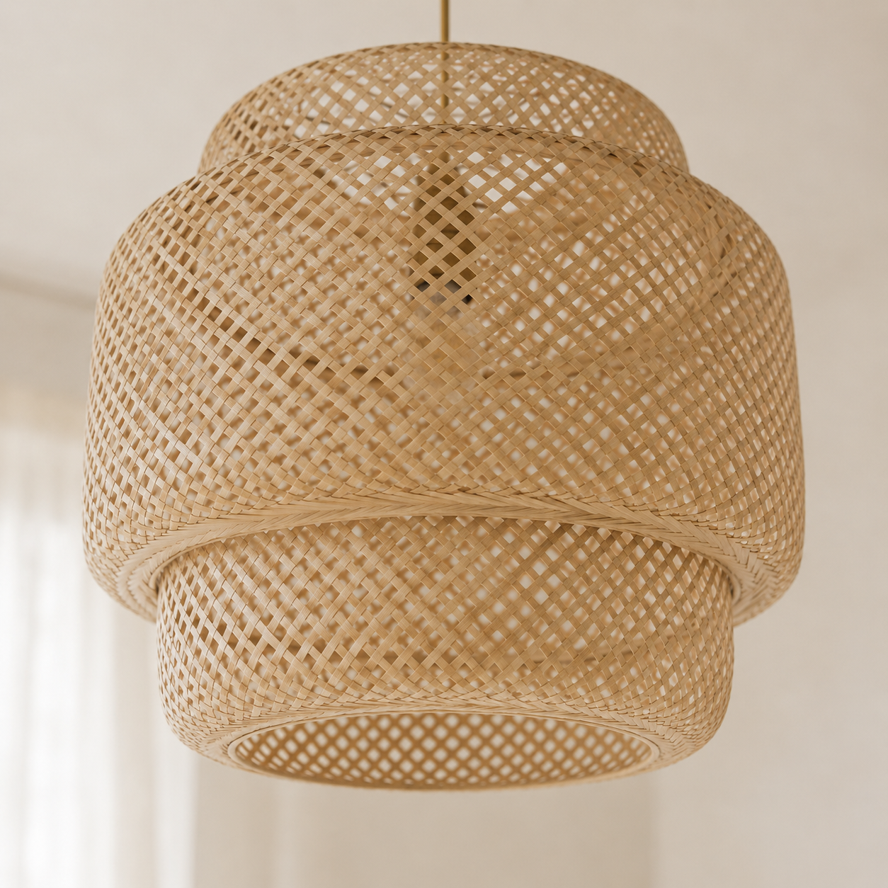 Boho Japandi Woven Bamboo Pendant Light With Beige Suspension Cable
