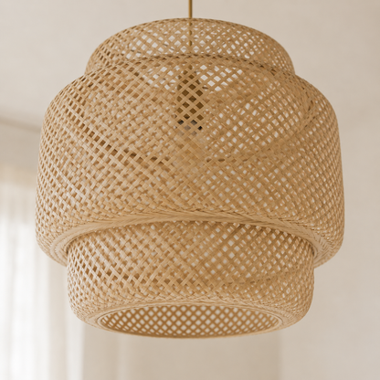 Boho Japandi Woven Bamboo Pendant Light With Beige Suspension Cable