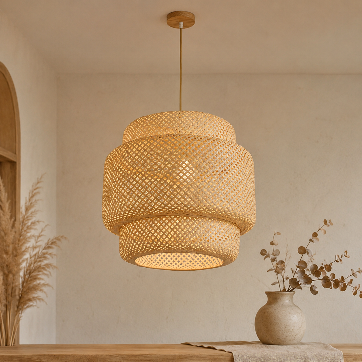 Boho Japandi Woven Bamboo Pendant Light With Beige Suspension Cable