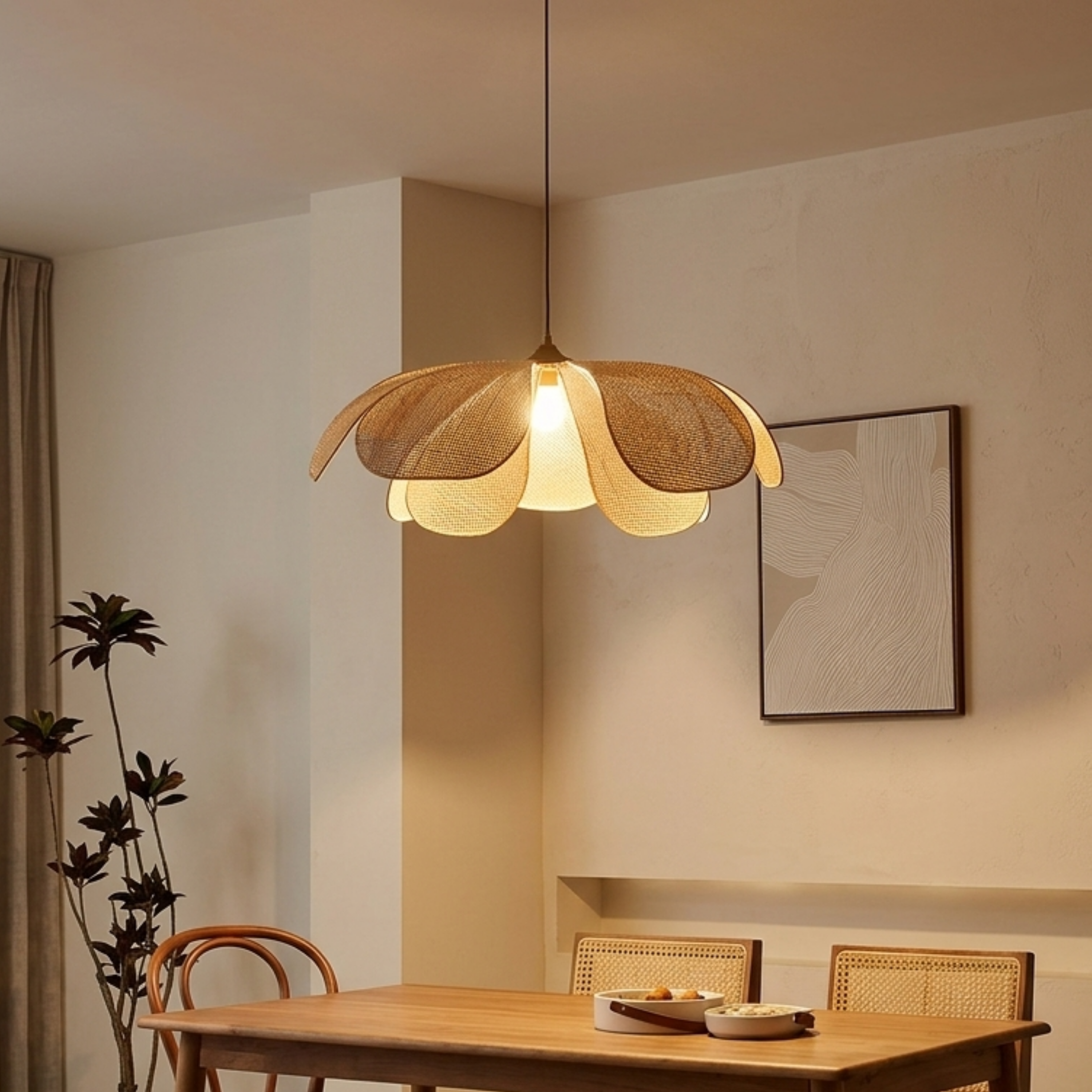 Boho Woven Rattan Flower Petal Pendant Light