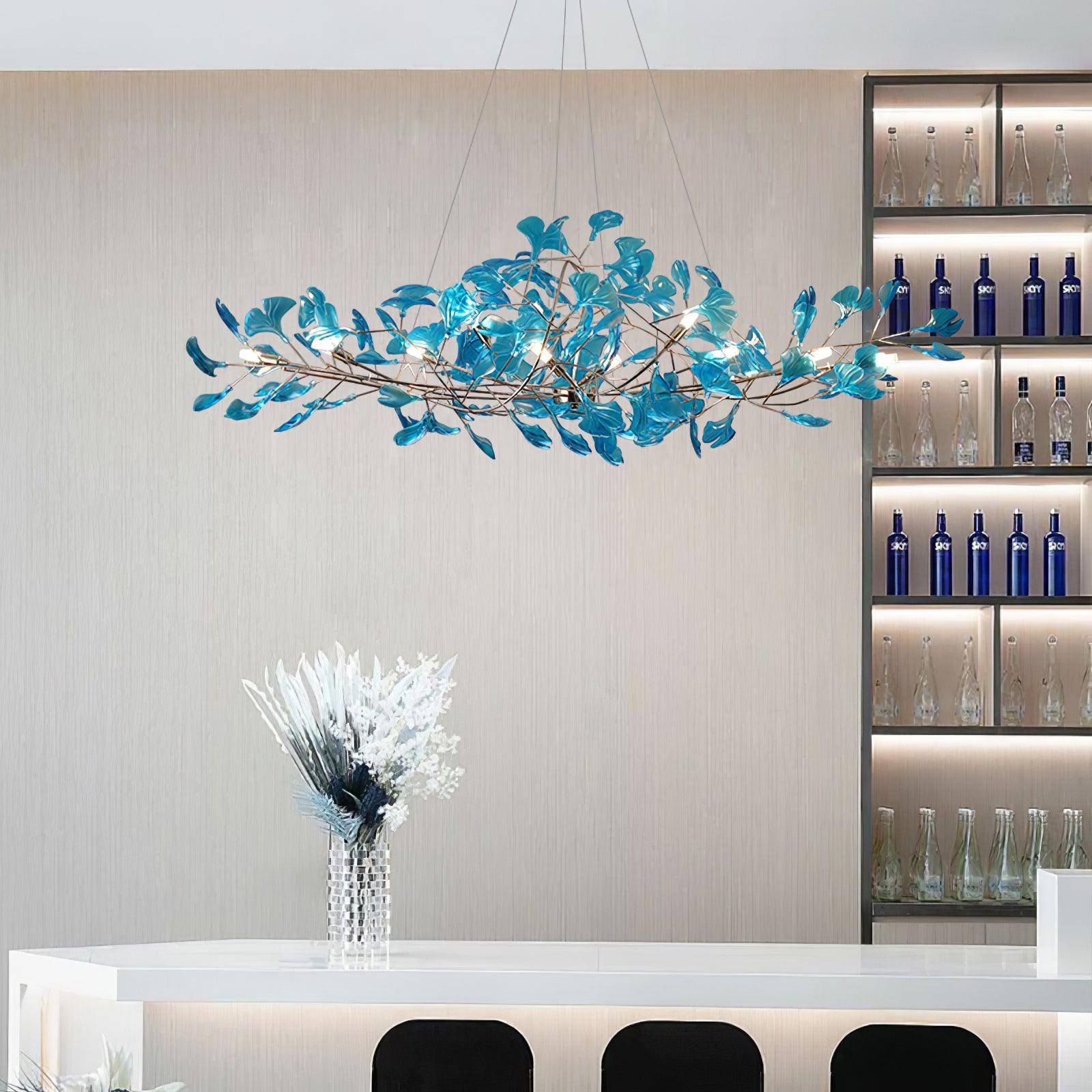 Botanical Ginkgo Leaf Branch Chandelier Acrylic Metal Frame Green Blue Coffee