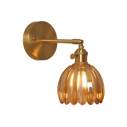 Brass Amber Scalloped Glass Tulip Wall Sconce Vintage Wall Light
