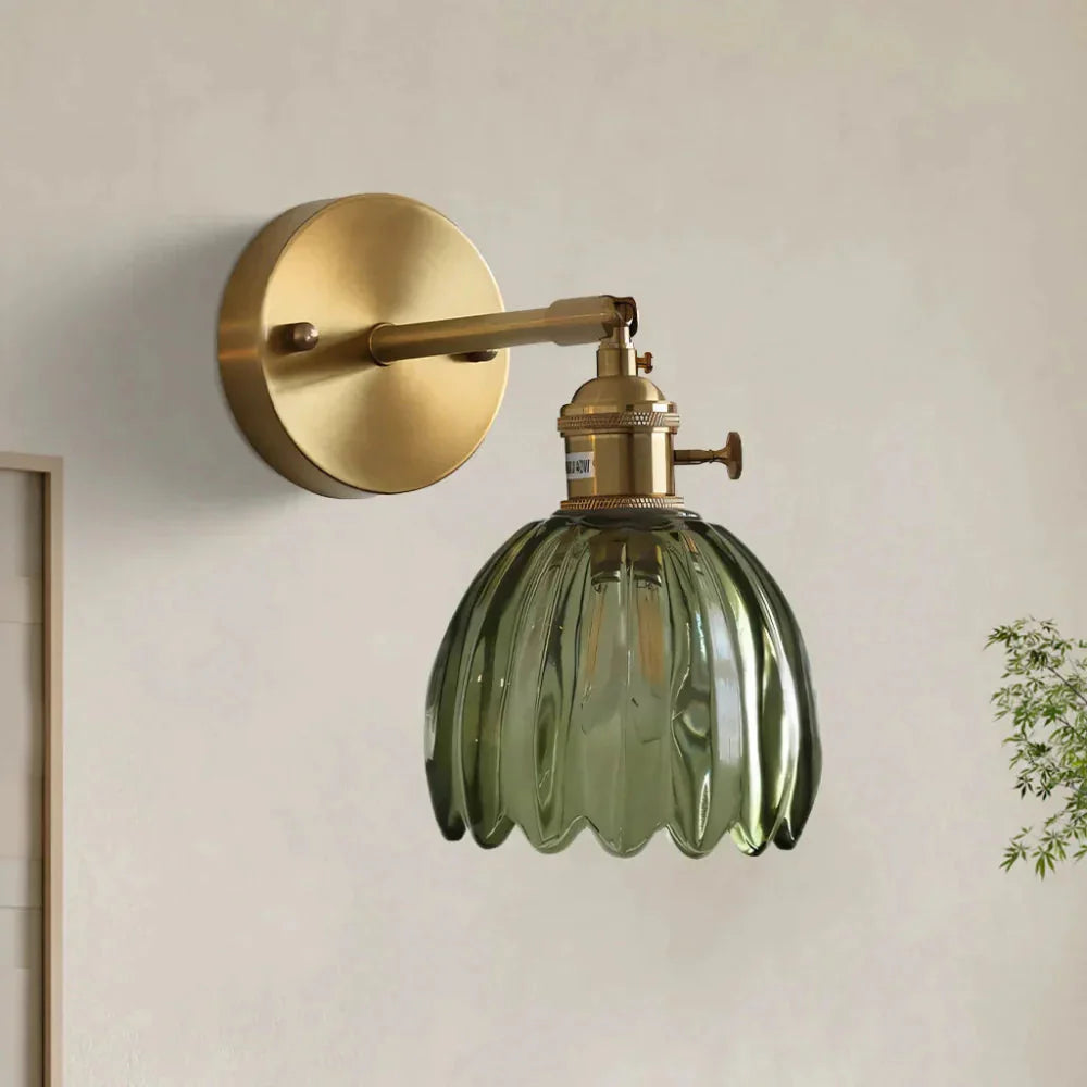 Brass Amber Scalloped Glass Tulip Wall Sconce Vintage Wall Light