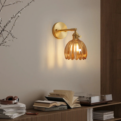 Brass Amber Scalloped Glass Tulip Wall Sconce Vintage Wall Light