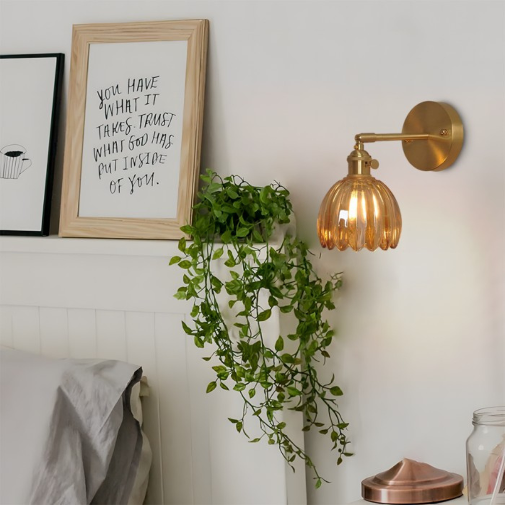 Brass Amber Scalloped Glass Tulip Wall Sconce Vintage Wall Light