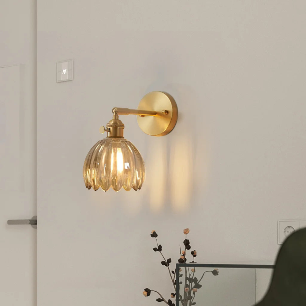 Brass Amber Scalloped Glass Tulip Wall Sconce Vintage Wall Light