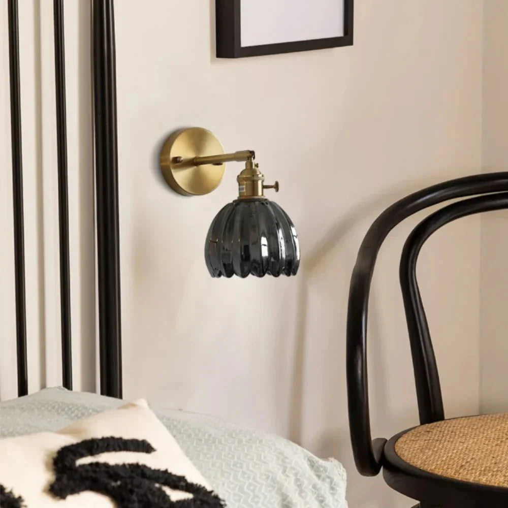 Brass Amber Scalloped Glass Tulip Wall Sconce Vintage Wall Light