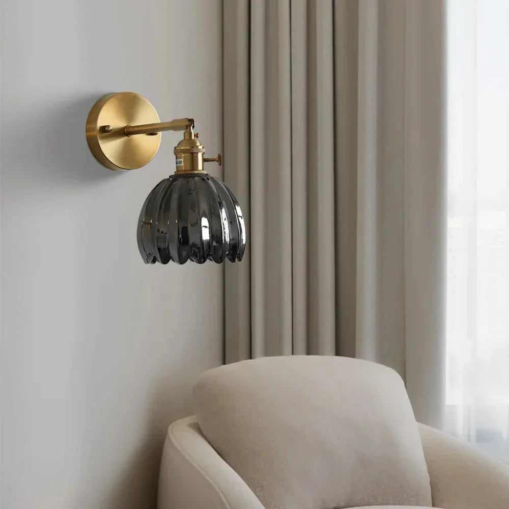 Brass Amber Scalloped Glass Tulip Wall Sconce Vintage Wall Light