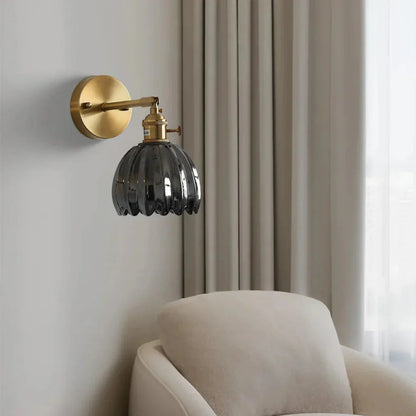 Brass Amber Scalloped Glass Tulip Wall Sconce Vintage Wall Light