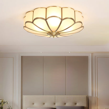 Brass Flower Shape Flush Mount Ceiling Light Frosted Glass Scalloped