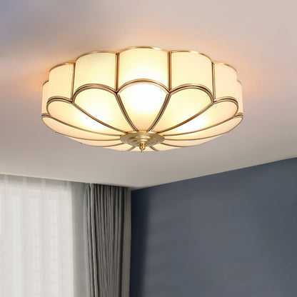 Brass Flower Shape Flush Mount Ceiling Light Frosted Glass Scalloped