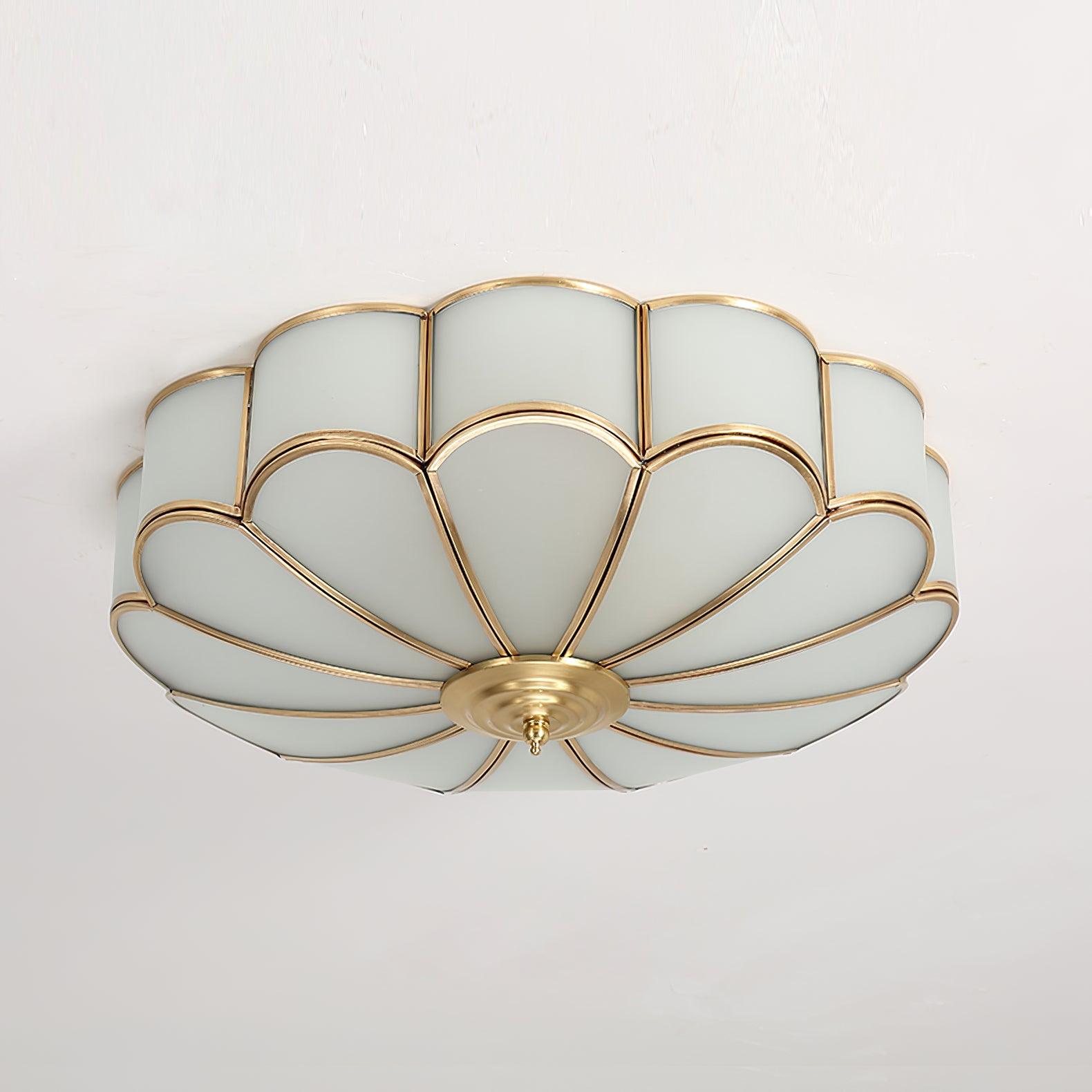 Brass Flower Shape Flush Mount Ceiling Light Frosted Glass Scalloped